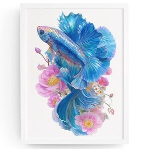 Watercolor Betta Fish with Flowers Wall Art Print Unframed - Enchanting Aquatic